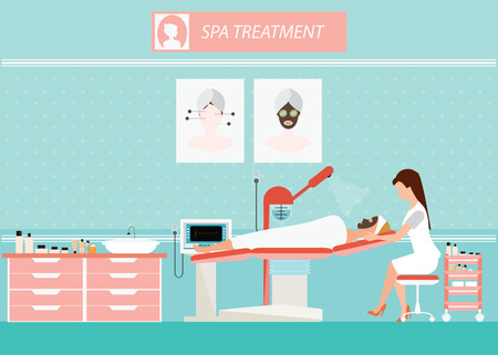 Beauty facial massage treatment of face skin with ozone facial steamer on bed in spa center, women facing the steam, beauty conceptual illustration.のイラスト素材