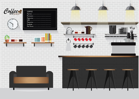 Modern Flat Design Coffee shop with coffee bar or counter,Interior Illustration.のイラスト素材