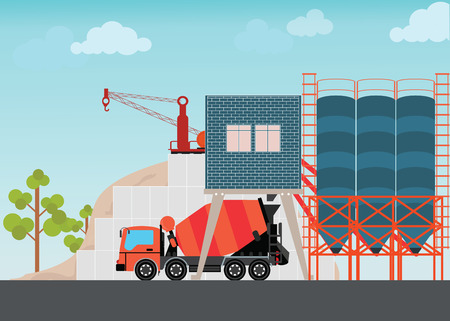 Industrial Cement Processing Plant factory with work machines and a truck mixer illustration.のイラスト素材