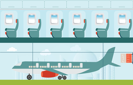 Aeroplane at the airport, on city view background and Airline interior with plane seat, business travel illustration.のイラスト素材