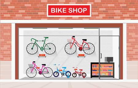 Bicycle stores exterior or bike shops interior with many size bicycle hanger on brick wall background and equipment,  shop vector illustration.のイラスト素材