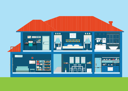 Modern home design exterior and interior room with furniture. Flat style vector illustration.のイラスト素材