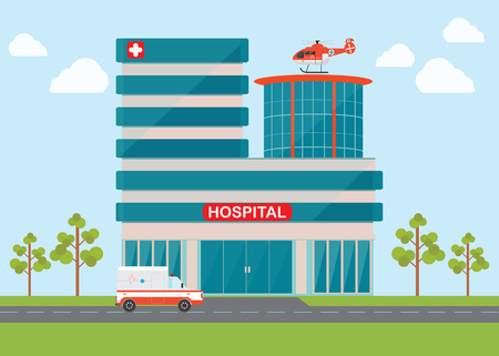 Medical emergency chopper helicopter and Ambulance at the hospital building, health and care vector illustration.のイラスト素材