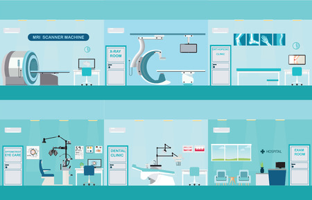 Info graphic of Medical services, dental care, x-ray, Orthopedic clinics, MRI scanner machine, ophthalmic testing device machine, C Arm X-Ray, health care conceptual vector illustration.のイラスト素材