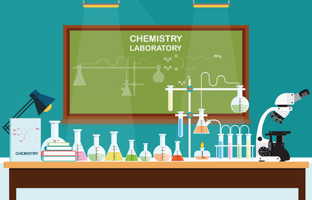 Chemical laboratory Science lesson with microscope technology,Science, education, chemistry, experiment, laboratory concept, vector illustration.のイラスト素材