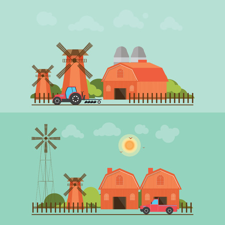 Set of agriculture farmhouse with wind mill ,tractor and car isolated on green background.のイラスト素材