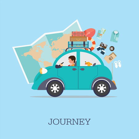 Planning summer vacations, Travel by car , World Travel, Summer holiday,Tourism and vacation theme. Flat design vector illustration.のイラスト素材