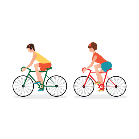 Couple Riding Bicycles isolated on white background,Flat Design healthy lifestyle conceptual vector illustration.のイラスト素材