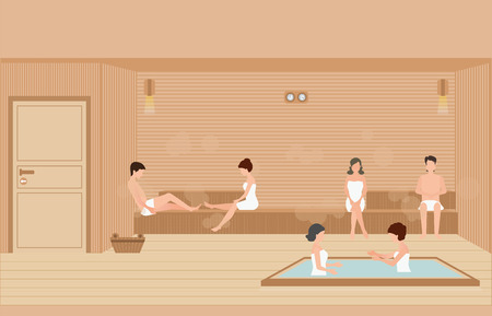 People wearing towels enjoys in sauna steam room,healthy lifestyle flat design character vector illustration.のイラスト素材