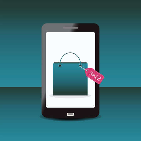 Shopping bag with sale Tag on smartphone, conceptual shopping online vector illustration.のイラスト素材