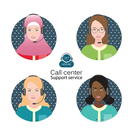 Diverse people of Female customer support operator with headset and smiling,  Cartoon character business people vector illustration.のイラスト素材