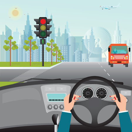 Human hands driving a car on asphalt road and waiting for the traffic light, car interior, flat design illustration.のイラスト素材