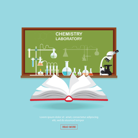 Chemical laboratory Science lesson with open book and microscope technology,Science, education, chemistry, experiment, laboratory conceptual flat design illustration.のイラスト素材