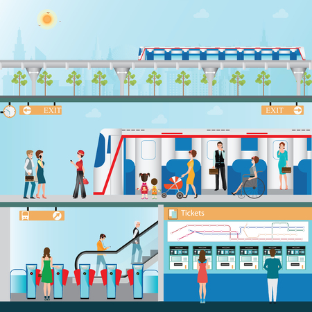 Sky train station with people ,ticket vending machines, Railway Map, Entrance of railway station, platform and sky train on city view background, business travel, infographic of transportation illustration.のイラスト素材