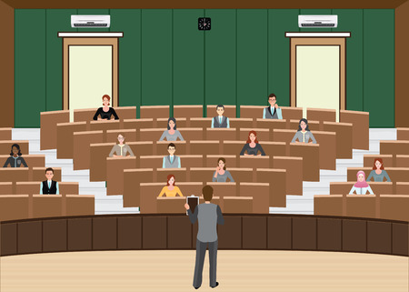 Businessman Conference or Presentation at Audience conference hall, interior building , Diverse people  character flat design vector illustration.のイラスト素材