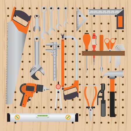 Repair and construction working tools on peg wooden background, equipment flat design vecter illustration.のイラスト素材