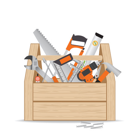 Wooden toolbox with repair and construction working tools on white background, equipment flat design vector illustration.のイラスト素材