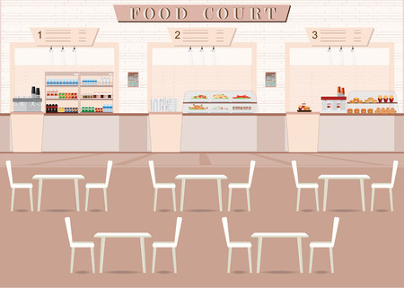 Food court in a shopping mall with food, table and chair , flat design vector illustration.のイラスト素材