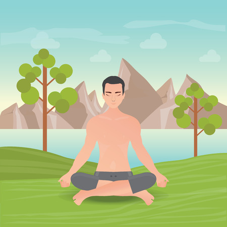 Calm man is doing yoga and meditation in the park on the green field on mountain background, relaxing and meditating alone with nature, healthy lifestyle vector illustration.のイラスト素材