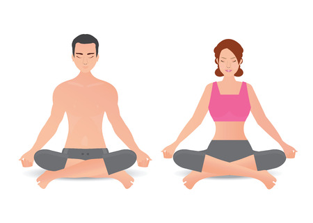 Calm woman and man are doing yoga and meditation isolated on white background, relaxing and meditating alone with nature, healthy lifestyle vector illustration.のイラスト素材
