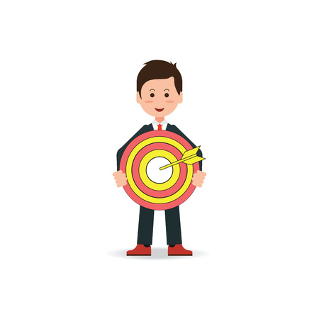 Business man holding big aim target bravely ,red dart board, business conceptual flat design vector illustration.のイラスト素材