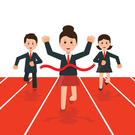Business people running race competition with happy businesswoman winning the race breaking finish line,business success conceptual , cartoon flat design vector illustration.のイラスト素材