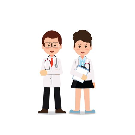 Young professional medical team workers, doctor and nurse isolated on white, cartoon character flat design vector illustration.のイラスト素材