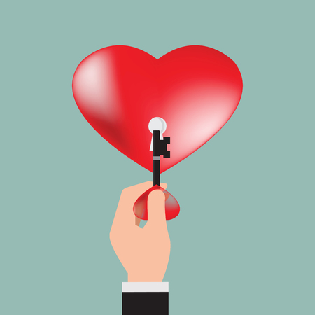 Close up of human hand with heart key opening red heart, Metaphor love concept. Flat design vector illustration.のイラスト素材