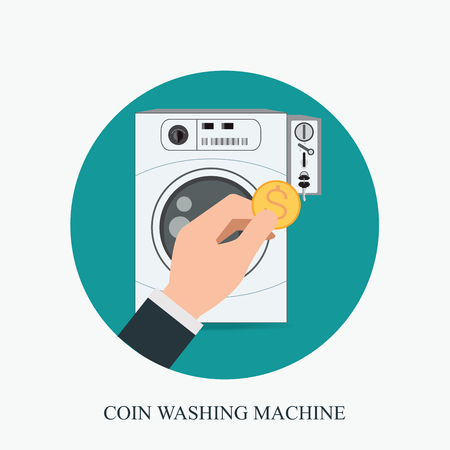 Coin washing machines with integrated payment system and hand holding coin,icon flat design vector illustration.のイラスト素材