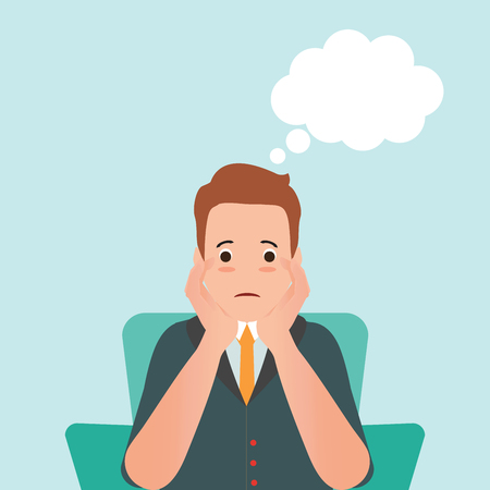 Anxious man feeling sadness and thought balloon sitting on the chair isolated on white, cartoon character vector illustration.のイラスト素材