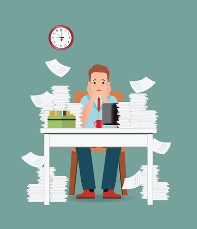 Stress situation on work, Overworked and tired businessman or office worker sitting at his desk, Business concept, cartoon character Flat vector illustration.のイラスト素材