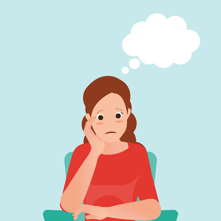 Anxious woman feeling sadness and thought balloon sitting on the chair isolated on white, cartoon character vector illustration.のイラスト素材