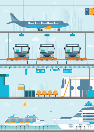 Set of public passenger transport by Bus, cruise ship, skytrain and airplane, conceptual of transportation vector illustration.のイラスト素材