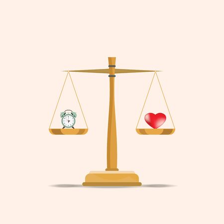 Balance heart and clock on scales, Current value of the world, time and love or health and time conceptual flat design vector illustration.のイラスト素材