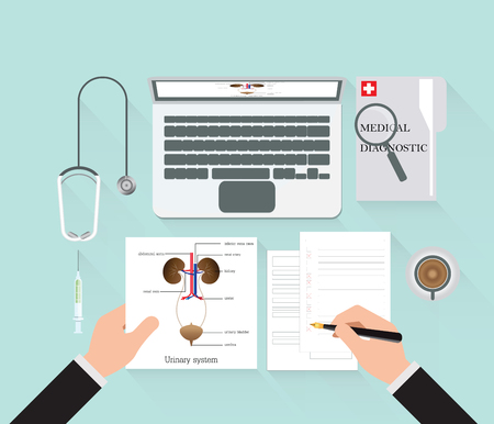 Medical diagnostics conceptual on work table with doctor diagnostic analysis and research Structure and function of urinary system and equipment for research of a laptop, Medical technology, Web banner, flat design Vector illustration.のイラスト素材