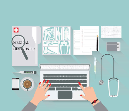 Medical diagnostics conceptual on work table with doctor diagnostic and equipment for research of a laptop, Medical technology, analysis and research, Web banner, flat design Vector illustration.のイラスト素材