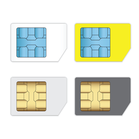 SIM cards for mobile phones isolated on white, Mobile and wireless communication technologies,Network chip electronic connection flat design illustration.のイラスト素材