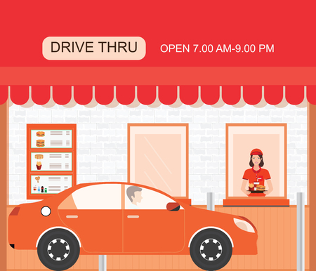Drive thru fast food restaurant on a brick building, flat design vector illustration.のイラスト素材