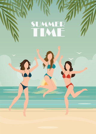 Happy bikini woman jumping of joy and success on beach on tropical vacation. Holiday girl with sexy slim running of freedom and happiness, vector illustration.のイラスト素材