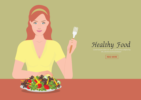 Young women holding fork to eating salad on the table, Healthy diet vector illustration.のイラスト素材