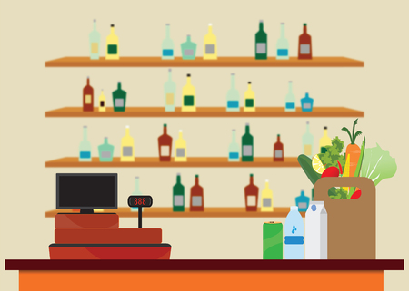 Supermarket interior with Cashier counter workplace, Shopping paper bag with food and drinks, shelves with products on blur background, Vector illustration.のイラスト素材