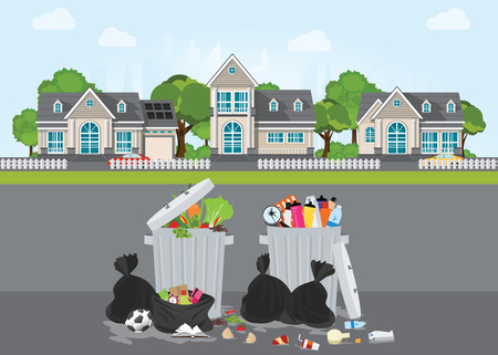 Rubbish and dirty area at the street of the village, Pile of garbage, various trash and waste material, environmental pollution and ecology conceptual vector illustration.のイラスト素材