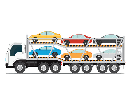 The trailer transports cars with new auto, truck trailer transport vehicles isolated on white background, vector illustration.のイラスト素材