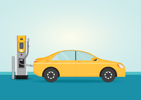 Electric cars charging at the charger station , Electromobility e-motion concept conceptual vector illustration.のイラスト素材