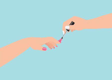Women's hands doing a manicure applying pink nail polish Isolated on blue background. manicure service, Cosmetic Beauty concept flat design vector illustration.のイラスト素材