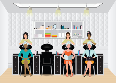 Beautiful young woman getting a hair washed by hairdresser at luxury beauty salon, salon interior vector illustration.のイラスト素材
