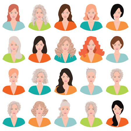Beautiful young woman portrait with different hair style isolated on white background, moman avatar set vector illustration.のイラスト素材