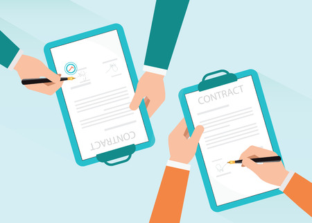 Two partners signing paper deal contract with pen after agreement , business conceptual  flat vector illustration.のイラスト素材
