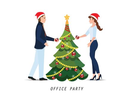 Business people with red santa claus hats celebrate Christmas and new year holidays and holding balls to decorate the Christmas tree,Office party conceptual vector illustration.のイラスト素材