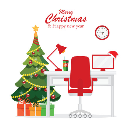 Christmas and New Year in modern office workplace interior with desk, laptop, Christmas tree, lamp, armchair, gifts, Santa Claus heat, Colorful concept for homework, vector illustration.のイラスト素材